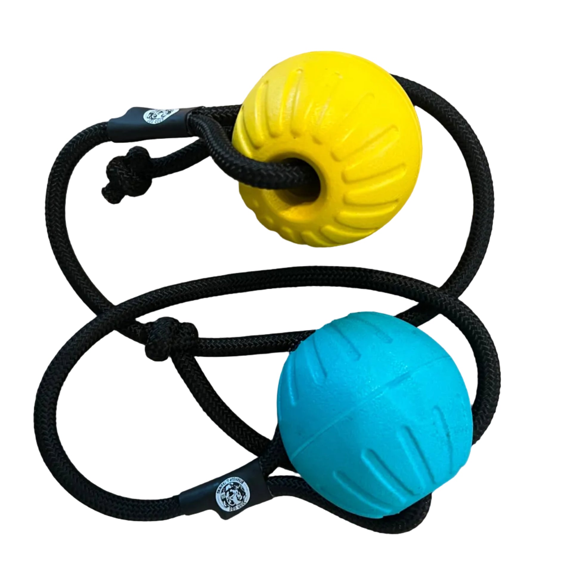 Two dog tug toys featuring a yellow  ball on a black rope and a teal ball on a black rope.