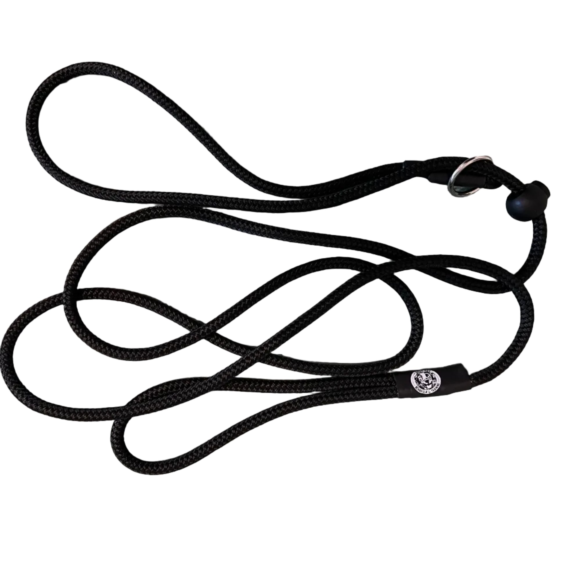 A black braided rope dog leash with a black rubber ball tip and metal ring, laid flat on a gray and white marble surface.